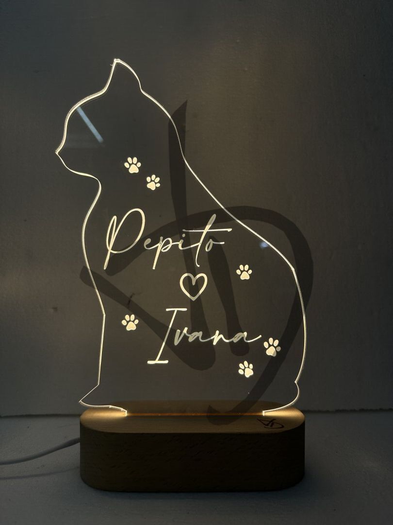 Lampade in acrilico plexiglass decorato con grafica gatto e nomi con piedistallo in legno - Lampade in acrilico plexiglass decorato con piedistallo in legno personalizzato