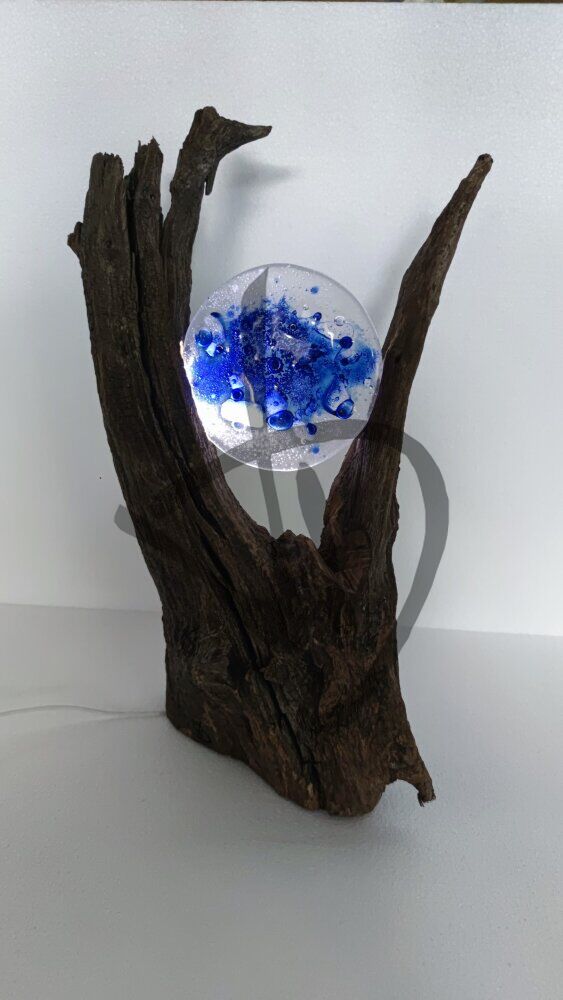 Lampade in vetrofusione di Murano di Design con radice in legno e illuminazione led - Lampade in vetrofusione di Murano di Design