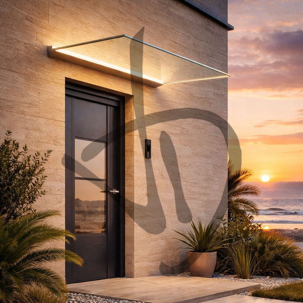 pensilina in vetro - pensilina illuminata - pensilina per pioggia - tettoia in vetro - copertura in vetro su misura - Pensiline in vetro