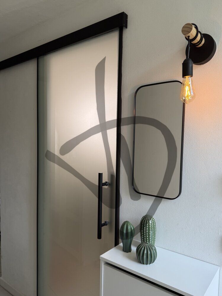 Porta in vetro satinato su misura con profili neri - Porte scorrevoli