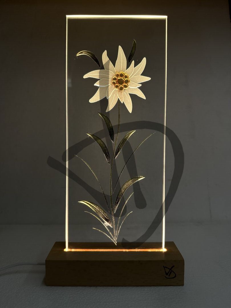 Prodotti su misura - Lampade e abatjour su misura e personalizzate - Lampade in acrilico plexiglass decorato con piedistallo in legno personalizzato - Lampade personalizzata e decorata con stella alpina