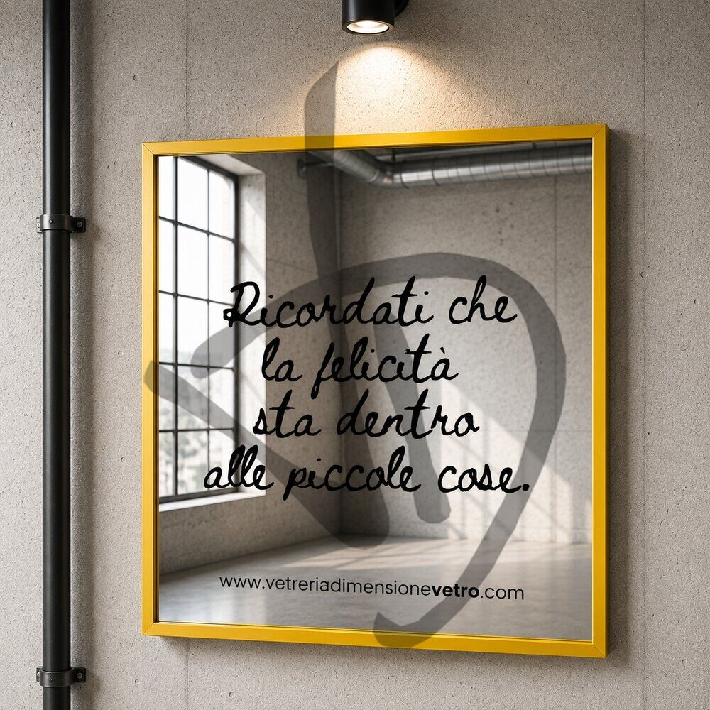 Specchio con scritta nera %22la felicità sta nelle piccole cose%22 quadro, poster, specchio decorativo con cornice in alluminio  - Frasi sugli specchi