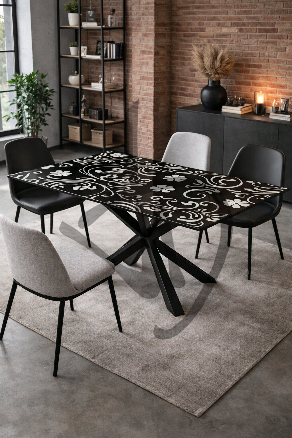 Tavolo in vetro con decoro vintage e struttura in ferro 1 - Tavoli e scrivanie in vetro