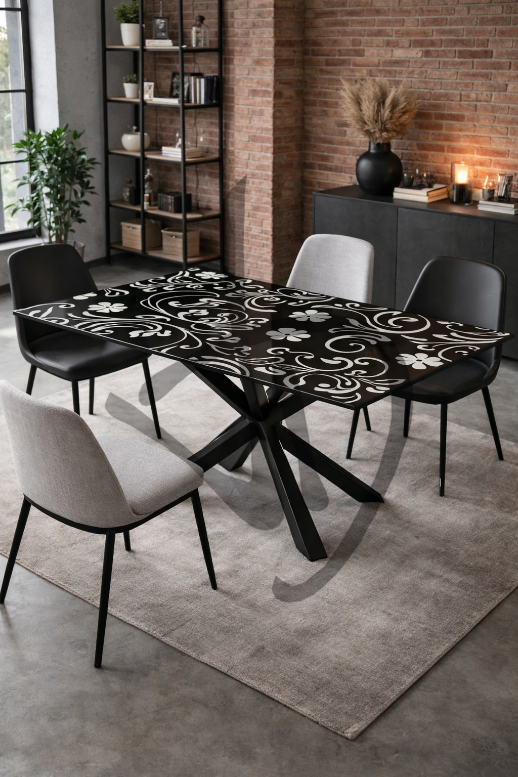 Tavolo in vetro con decoro vintage e struttura in ferro 1 - Tavoli e scrivanie in vetro